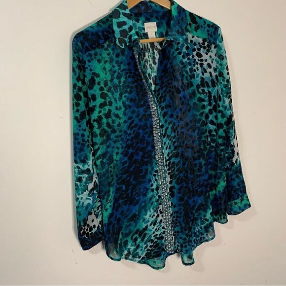 Chicos Long Sleeve Button Down Sheer Animal Print Blouse Size 1 8 10 Rhinestones - Picture 1 of 7